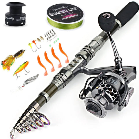 Travel Ready Telescopic Fishing Rod Combo With Spinning Reel And Carrier Bag Includes Lures And Line shown with accessories