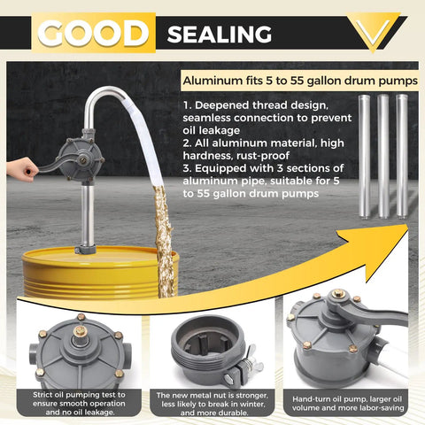 Heavy Duty Drum Pump For 5 To 55 Gallon Drums With 35 Inch Extension Tube showing aluminum pump design and features