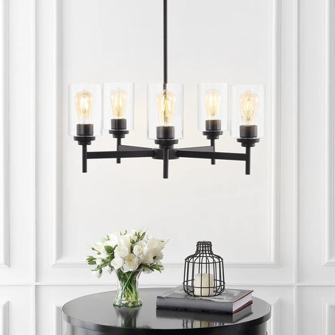 Oil Rubbed Bronze 24 Inch Five Light Iron Chandelier With Cylinder Glass Pendants For Kitchen Island And Dining Room
