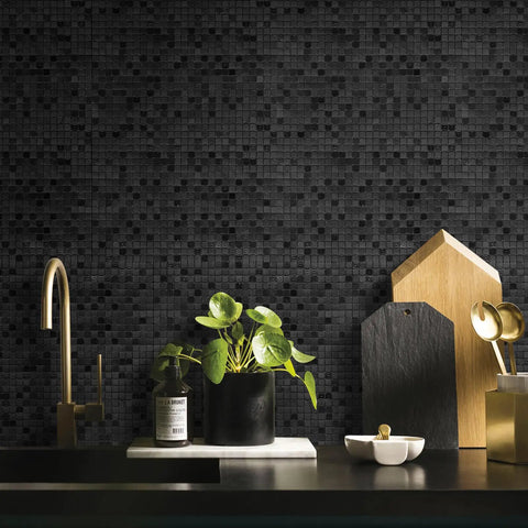 Peel And Stick Metal Backsplash Tile 10 Sheets For Kitchen And Bathroom Or Fireplace Plaid Brushed Black Aluminum PVC Composite Slick Self Adhesive Easy Install Anti Scratch Fade Resistant displayed in kitchen setting with faucet and decor