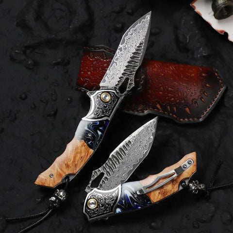 Damascus Steel Folding Knife With Resin Fusion Maple Wood Handle 8 Inch EDC Pocket Knife, leather sheath, open blade view