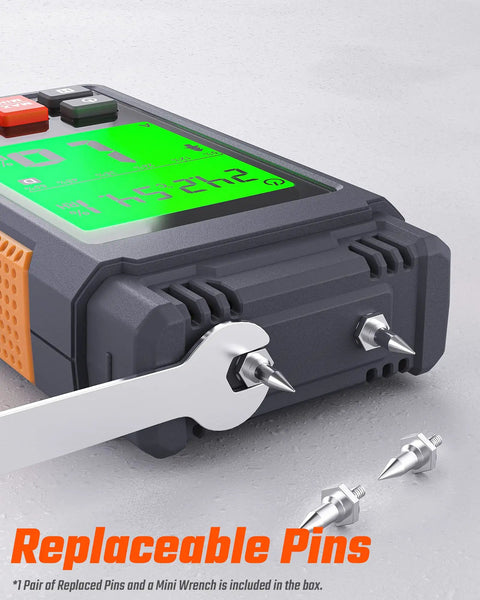 Wood Moisture Meter Handheld Digital Moisture Tester With Two And A Quarter Inch LCD Display And Tri Color Backlight showing replaceable pins