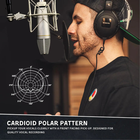 Person using Studio Condenser Mic With 34mm Gold Diaphragm, Hydro Pop Filter, Metal Shock Mount for home recording
