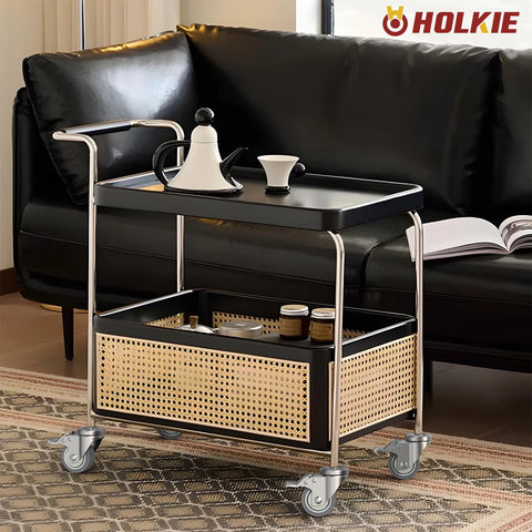 Locking Three Inch Expanding Stem Caster Wheels Set Of Four For Adjustable Tables, Carts And Furniture Legs shown on a bar cart