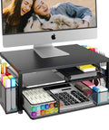 Desk Organizer and Monitor Stand With Drawer and Two Pen Holders for Laptop Setup, Ergonomic Two Tier Riser Elevates Screen, Black