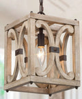 Rustic modern farmhouse wood pendant light with geometric cage design for dining room and kitchen island, 8 inch length ceiling fixture.