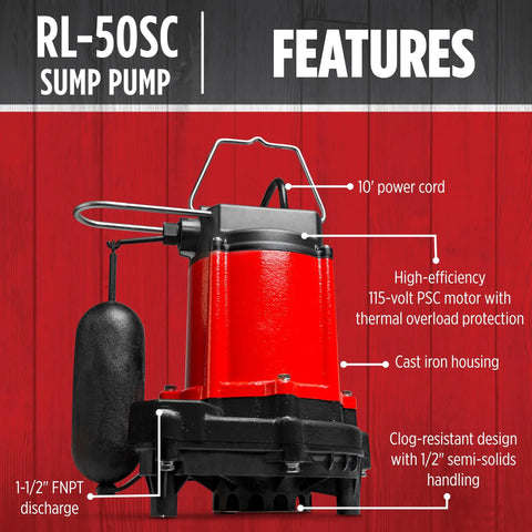 Cast Iron Sump And Effluent Pump Half HP 115 Volt 4000 GPH With Snap Action Float Switch For Basement Sump Systems Light Effluent Use Clog Resistant Design That Passes Half Inch Solids Heavy Duty And CSA Listed, detailed view with features showing housing and motor.
