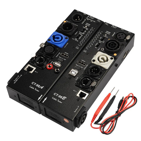 Detachable Pro Cable Tester With Multi Interface Audio Video Diagnostics And LED Indicators HDMI Type C USB RCA BNC XLR TRS RJ11 Ports Ultimate Tester Gear For Pros Black, front view with probes