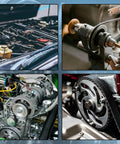 Collage of automotive engine components showing engine bay, timing gears, belts and pulleys in metal.