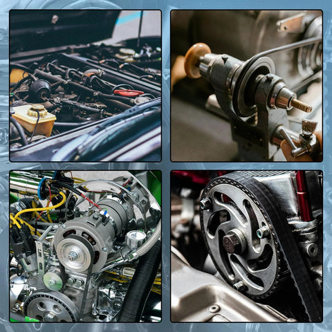 Collage of automotive engine components showing engine bay, timing gears, belts and pulleys in metal.