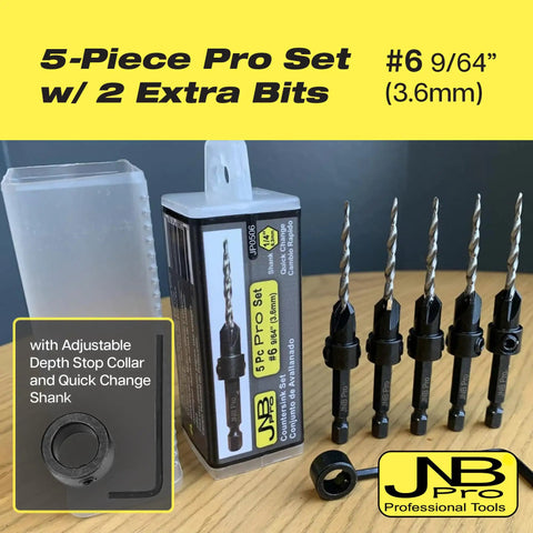5 Piece Self Centering Countersink Drill Bit Set For Woodworking With Four Flutes M2 HSS And One Quarter Inch Hex Shank Depth Collar Pro Grade Heavy Duty Build Includes Two Free Tapered Bits For Precision Drilling on display with packaging
