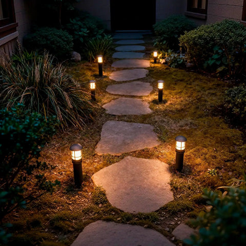 Evening scene showcasing 4 Pack Low Voltage Pathway Lights Dope 3W LED Outdoor Landscape Lighting 120 Lumen 3000K along a stone path.