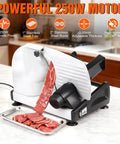 Heavy Duty 200W Electric Meat Slicer With Twin 7.5 Inch Stainless Steel Blades Adjustable Thickness Control For Deli Style Roast Beef Cheese And Bread Perfect Home Kitchen Upgrade Easy Clean Design with sliced beef on tray.