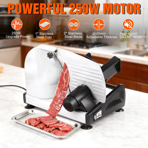 Heavy Duty 200W Electric Meat Slicer With Twin 7.5 Inch Stainless Steel Blades Adjustable Thickness Control For Deli Style Roast Beef Cheese And Bread Perfect Home Kitchen Upgrade Easy Clean Design with sliced beef on tray.