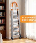 8 Step Folding Ladder With Wide Anti Slip Pedal Built Tough Steel Step Stool With D Shaped Frame Convenient Handrail Lightweight Yet Durable Portable For Home Kitchen Garage 200 Lb Load Capacity folded in living room