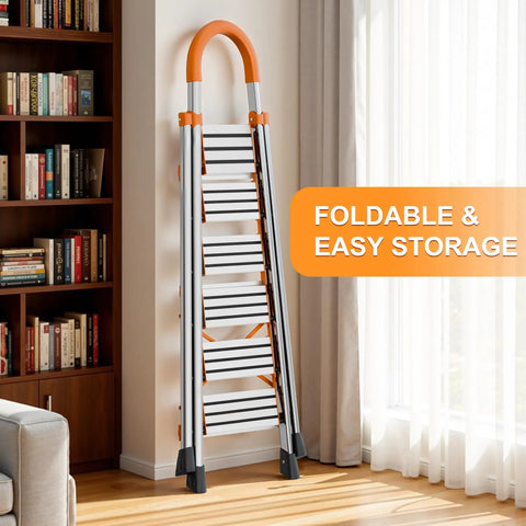 8 Step Folding Ladder With Wide Anti Slip Pedal Built Tough Steel Step Stool With D Shaped Frame Convenient Handrail Lightweight Yet Durable Portable For Home Kitchen Garage 200 Lb Load Capacity folded in living room