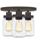 3-Light Textured Black Flush Mount With Faux Mahogany Wood Accents, Clear Glass Mason Jar Shade With Dope Rustic Lid, Durable Steel Construction