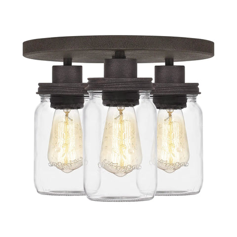 3-Light Textured Black Flush Mount With Faux Mahogany Wood Accents, Clear Glass Mason Jar Shade With Dope Rustic Lid, Durable Steel Construction