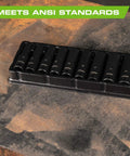 1/2 Inch Drive Deep Impact Socket Set Metric 10mm To 24mm, 11-Piece, shown on workbench, meets ANSI standards