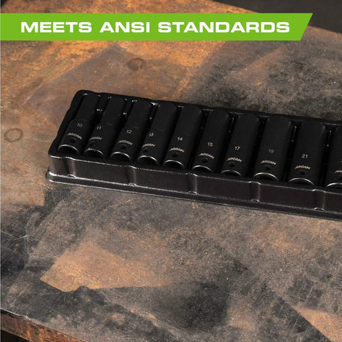 1/2 Inch Drive Deep Impact Socket Set Metric 10mm To 24mm, 11-Piece, shown on workbench, meets ANSI standards