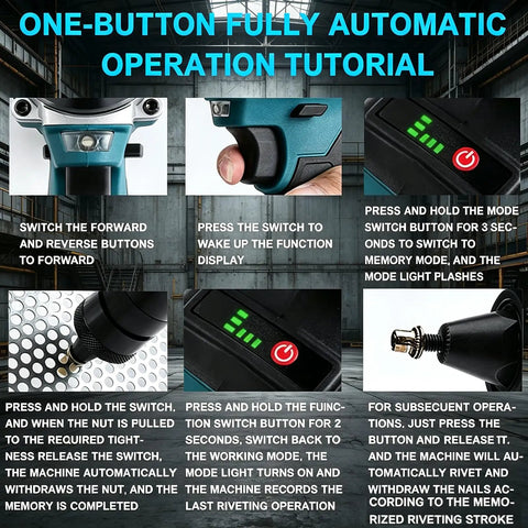 Tutorial showing Cordless Rivet Nut Tool Kit 2 In 1 Electric Rivet Nut Gun Portable Battery Powered button functions and display