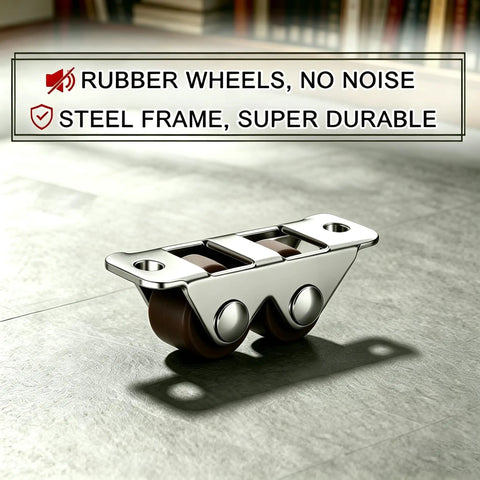 Built Tough 0.5 Inch Double Roller Mini Caster Wheels With Flat Steel Mount, close-up of steel frame and rubber wheels.