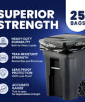 Heavy Duty 95 To 96 Gallon Black Garbage Liners 1.5 Mil Tear Resistant Trash Bags For Rollaway Carts 61 By 68 Inch Beast Mode Industrial Waste Sacks 25 Pack in a black trash bin, showcasing features like leak-proof and tear-resistant.