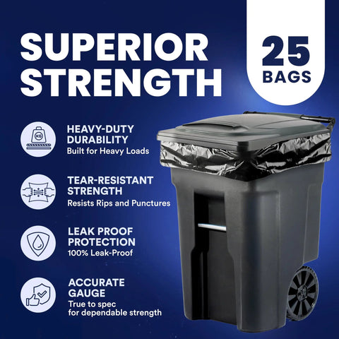 Heavy Duty 95 To 96 Gallon Black Garbage Liners 1.5 Mil Tear Resistant Trash Bags For Rollaway Carts 61 By 68 Inch Beast Mode Industrial Waste Sacks 25 Pack in a black trash bin, showcasing features like leak-proof and tear-resistant.