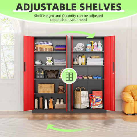 Beefy 72 Inch Heavy Duty Steel Garage Storage Cabinet With 900 Lb Capacity, 3 Point Locking System, Four Adjustable Shelves, Lockable Tall Storage for Garage Office or Warehouse, Black and Red, open with adjustable shelves