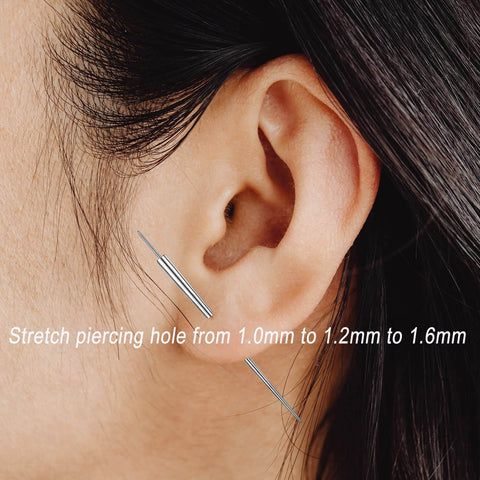 Two Piece G23 Titanium Insertion Pin Taper For Nose Ear Navel Lip Threadless Piercings Jewelry Kit 18G 16G 14G Push In Body Piercing Stretching Tool Bundle, shown in use for ear stretching