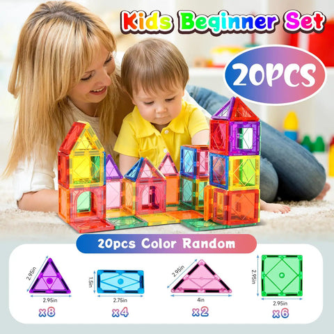 Child playing with Magnetic Tiles Building Blocks For Kids Ages Three To Eight Kid Friendly Colorful Magnetic Stacking Toys
