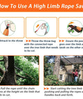 Step-by-step guide for 53 Inch High Limb Rope Saw Kit With 68 Teeth On Both Sides, showing use on a tree for limb cutting.