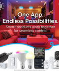 Living room with smart LED lighting and devices including Cync Smart LED Wafer Downlights Kit 6 Inch Slim LED Puck Lights with color changing.