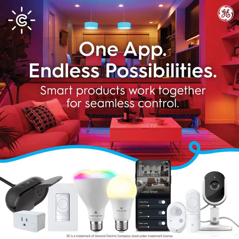 Living room with smart LED lighting and devices including Cync Smart LED Wafer Downlights Kit 6 Inch Slim LED Puck Lights with color changing.