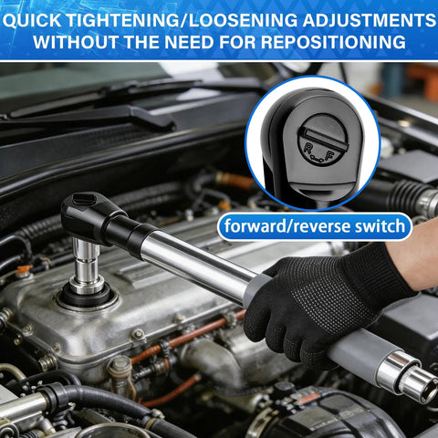 1/2 Inch Offset Extension Wrench Impact Rated Ratchet Adapter For Electric Drill in use on an engine with a hand gripping it.