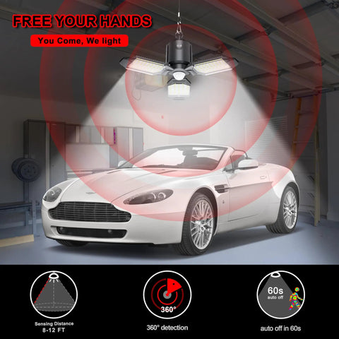 Plug In Garage Light With Motion Sensor 80W 8000LM Deformable LED Shop Light illuminated garage with sports car