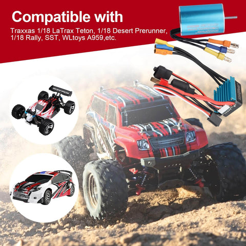 Beefy Sensorless 4800KV Brushless Motor and 25A ESC Combo for 1/18 and 1/16 RC cars with red and black truck model