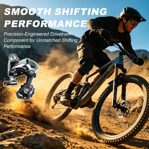 Cyclist on trail with inset image of Beefy 10 Speed Rear Derailleur RD-4700-SS Direct Mount for dynamic shifting performance