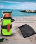 DSMB Kit For Scuba Diving With Five Foot Tube And Ninety Eight Foot Reel Marker Buoy on sandy beach with mesh carry bag