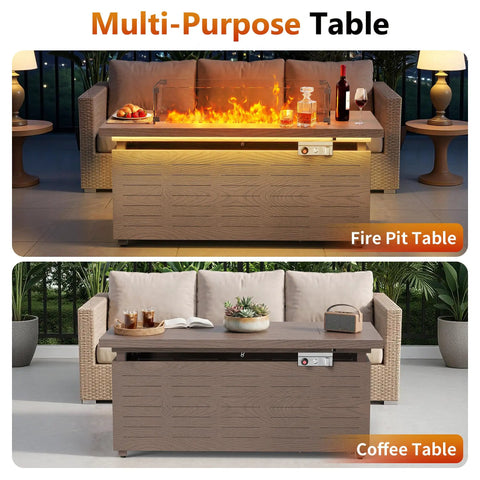 51 Inch Propane Fire Pit Table With 50,000 BTU Smokeless Heat, Glass Wind Guard, wood grain design, as fire pit and coffee table