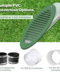 Green 4 Inch Angled Yard Drain Grate For Sump Pump Discharge And Downspout Extensions Yard Drain Emitter Keeps Water Away From Your Foundation Prevents Stagnant Water Easy 4 Inch Connection Durable Home Exterior Drainage Solution shown with PVC conversion options on grass background.