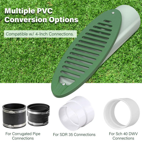 Green 4 Inch Angled Yard Drain Grate For Sump Pump Discharge And Downspout Extensions Yard Drain Emitter Keeps Water Away From Your Foundation Prevents Stagnant Water Easy 4 Inch Connection Durable Home Exterior Drainage Solution shown with PVC conversion options on grass background.