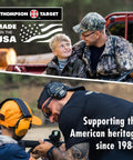 Two scenes of an adult with a child, one in camo in a truck and one teaching shooting safety, promoting American heritage since 1988.