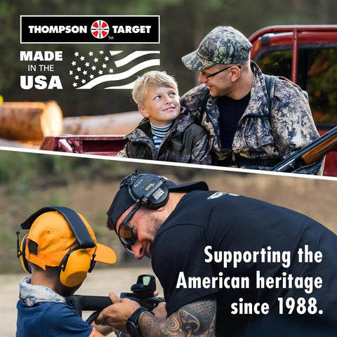 Two scenes of an adult with a child, one in camo in a truck and one teaching shooting safety, promoting American heritage since 1988.
