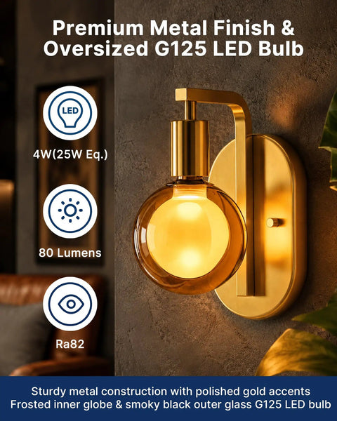 FLSNT Wall Sconces Set of 2 with Oversized G125 LED Bulbs, 1800K Dimmable Ambient Wall Lighting, Gold Vintage Hardwired Wall Light for Bedroom, Hallway, Living Room, Bedside with frosted globe design.