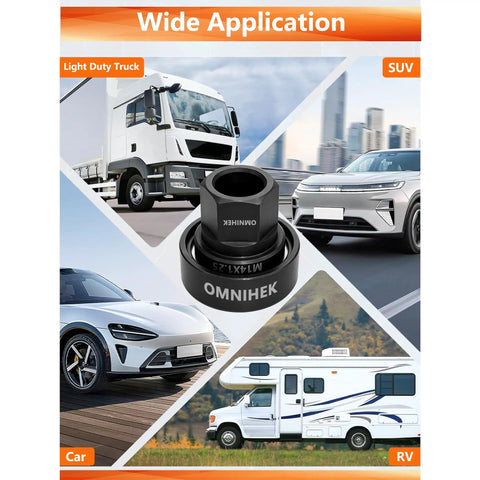 Beefed-Up Seven-Piece Wheel Stud Installer Tool Set For Cars And Light Trucks with wide application use, showing car, SUV, truck, RV