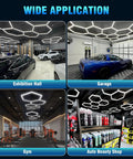 Hexagon Garage Lights 25 Pack LED Ceiling Fixtures 168W 21840 Lumens 6700K Daylight White For Car Detailing Shop Gym Workshop Basement Flicker Free Eye Friendly Mega Bright Crisp Daylight Coverage installed in various spaces like garage and gym