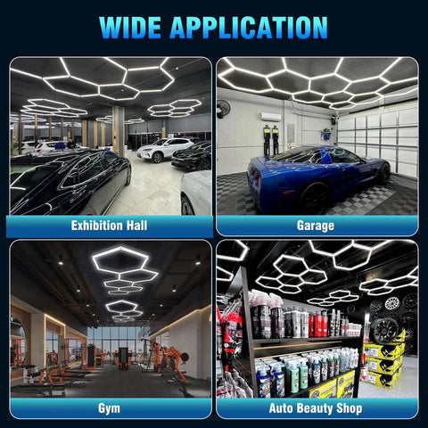 Hexagon Garage Lights 25 Pack LED Ceiling Fixtures 168W 21840 Lumens 6700K Daylight White For Car Detailing Shop Gym Workshop Basement Flicker Free Eye Friendly Mega Bright Crisp Daylight Coverage installed in various spaces like garage and gym