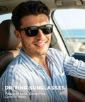 Man wearing polarized sunglasses in car, showcasing Polarized Sunglasses For Men And Women With UV Protection For Driving Fishing And Golf 3 Pack HD Polarized Lenses No Glare For All Day Comfort And Crystal Clear Vision