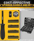 96 Piece Three Eighths Inch Drive Impact Socket Set With SAE Five Sixteenths To Three Quarters Inch And Metric Eight To Twenty Two Mm Sockets Standard And Deep, Ratchet Handle, Bit Set, Universal Joint, Extension Bar, Adapters, And Spark Plug Sockets.